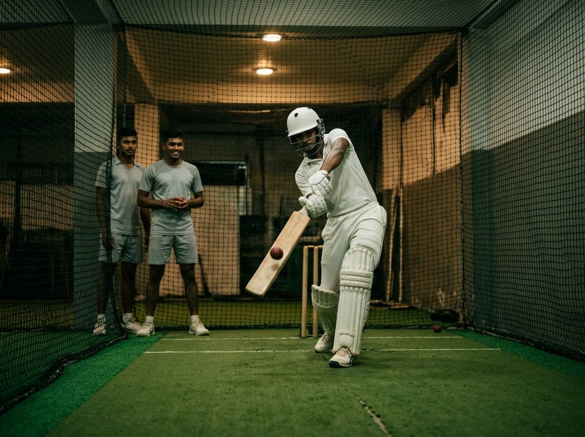 A batter practising in indoor cricket nets while teammates watch