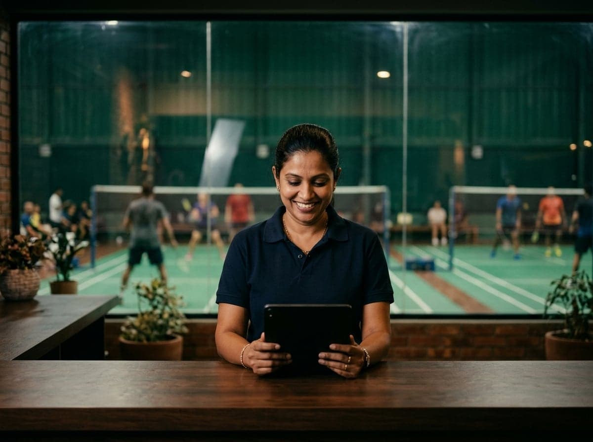 A venue owner checking the day’s bookings on a tablet at the front desk