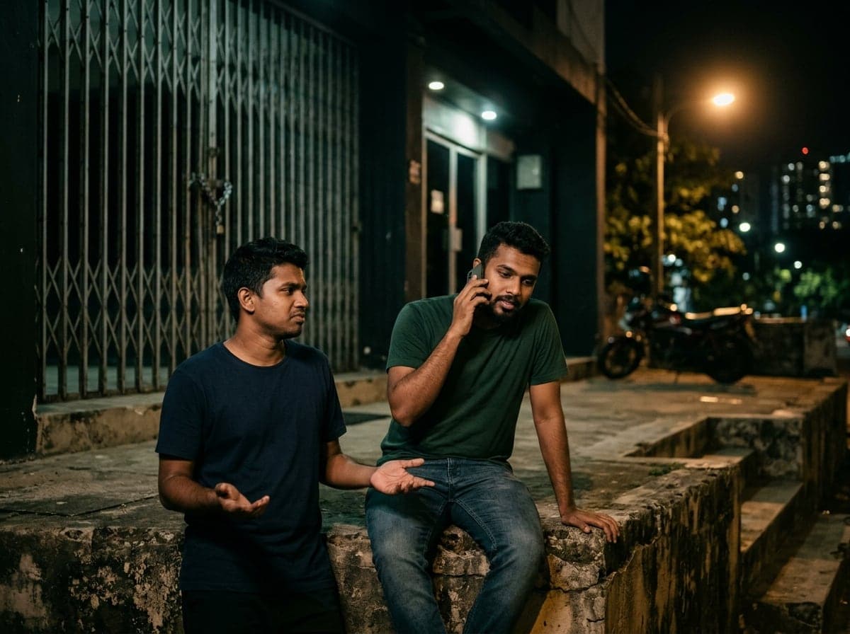 Two friends outside a closed sports venue at night, one still phoning around for a free court