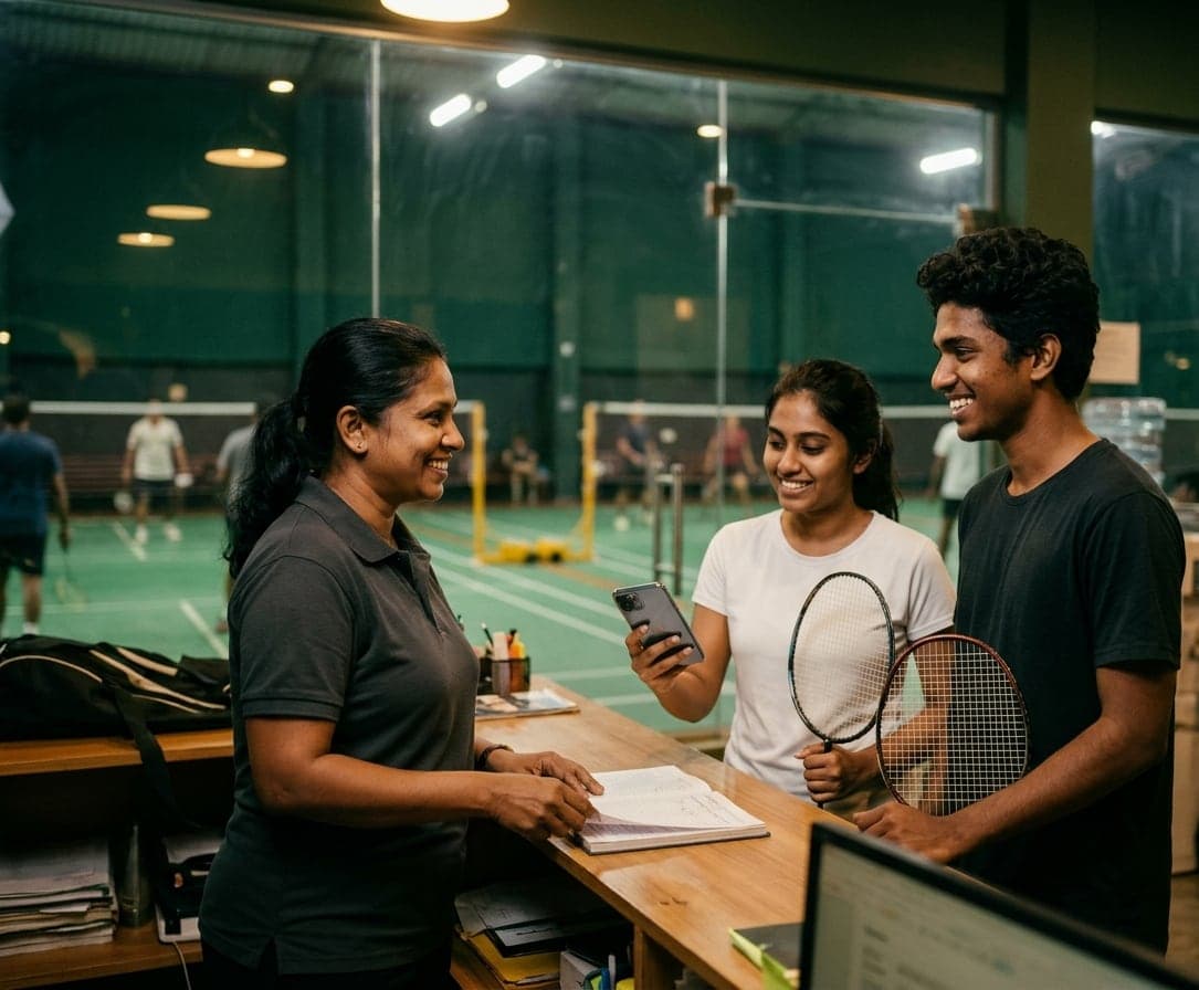 Front desk staff at a sports complex checking in two players who booked in the app